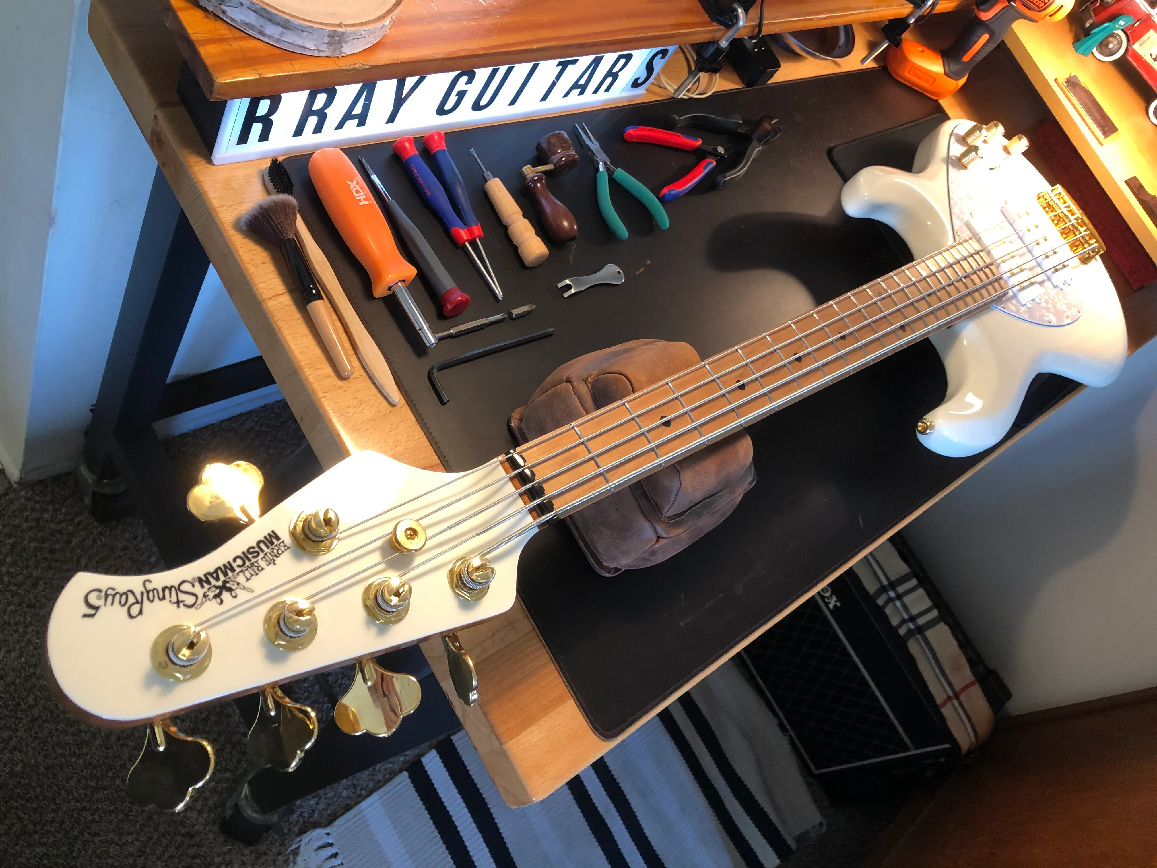 Music Man StingRay 5 bass guitar on the R. Ray Guitars workbench